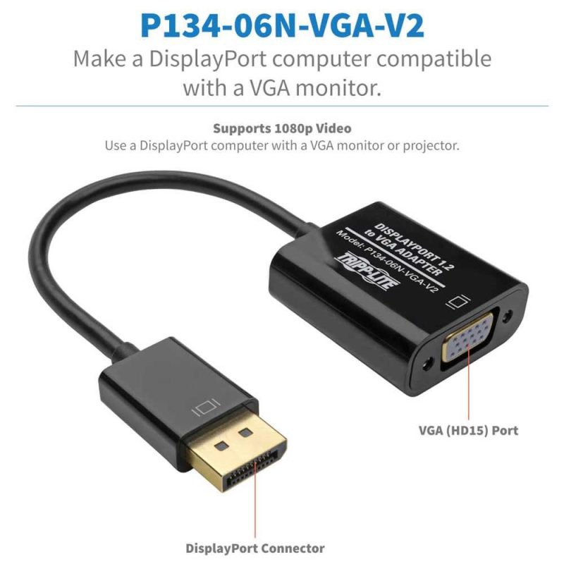 Adaptors | P134-06N-VGA-V2 DisplayPort To VGA Adapter Black Adaptors Adaptors