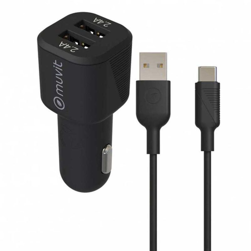 Chargers | 2 USB 2.4A+ USB-C 1.2m Charger Black Car Electronic Devices Black