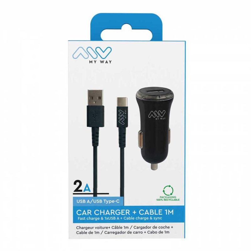 Chargers | USB 2A+USB-C 1m Car Charger Black Car Electronic Devices Black