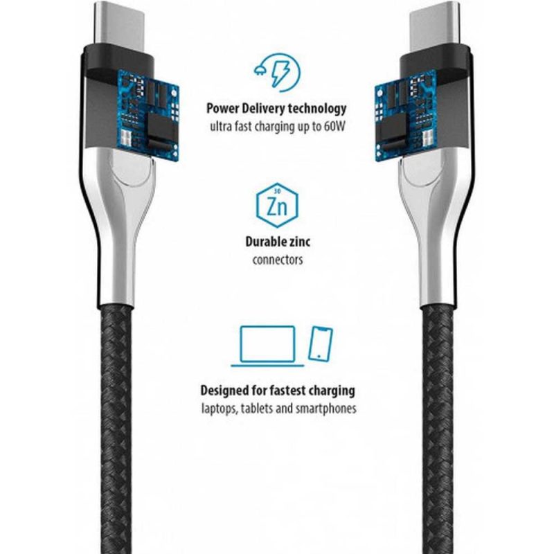 USB Cables | Core Ultra Fast PD 60W 1.5 m USB-C Cable Silver / Black Cables Black